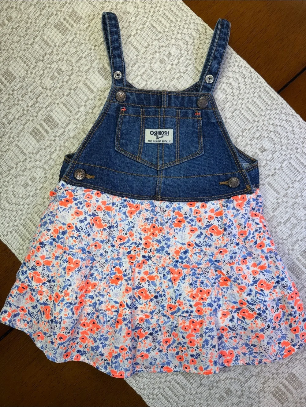 Girls’ OshKosh B'gosh Denim Bib Floral Skirtall - Blue & Coral